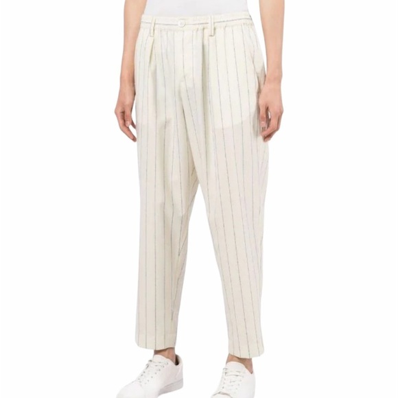 Creatures of Comfort- Highwaisted Ivory Trousers with pale Thin Blue Pinstripes - Picture 1 of 6